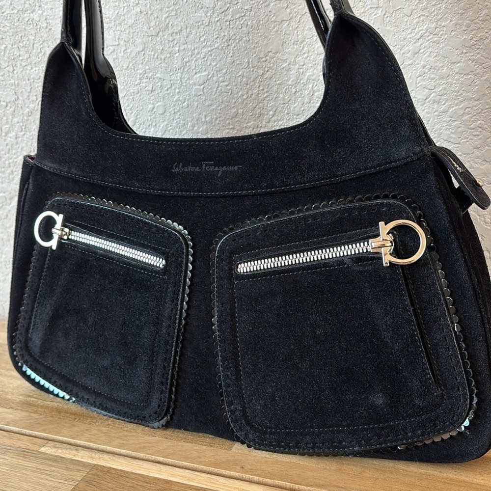 Salvatore Ferragamo Black Suede Gancini Pocket Shoulder Bag - Picture 4 of 14